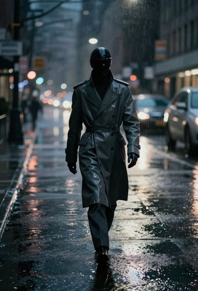 A wide-angle cinematic photograph of a character wearing a sleek, high-tech coat walking through a rainy North American / US city street at night. The scene is dominated by deep midnight tones with soft off-white highlights reflecting off wet pavement.