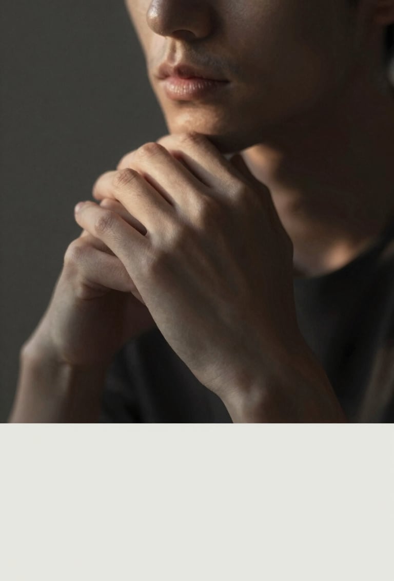 Fine art portrait of a subject in a thoughtful pose, soft light illuminating only the hands and half the face, deep chiaroscuro style, tones of #4C4A48 and #F5F2EF, warm and personal atmosphere.