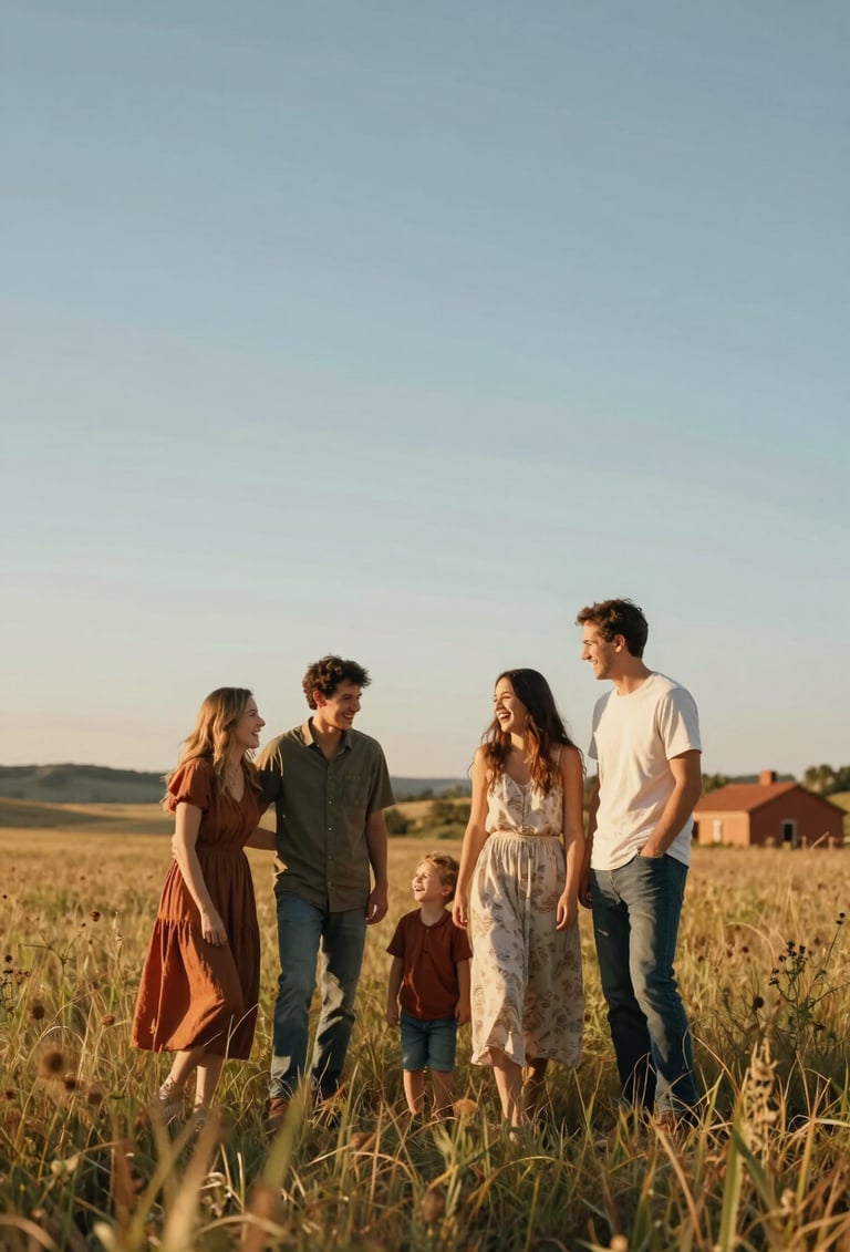 Candid wide shot of a family of four laughing together in a sun-drenched meadow in the North American / US countryside. The light is golden hour, with soft blue sky and warm terracotta accents in the environment.