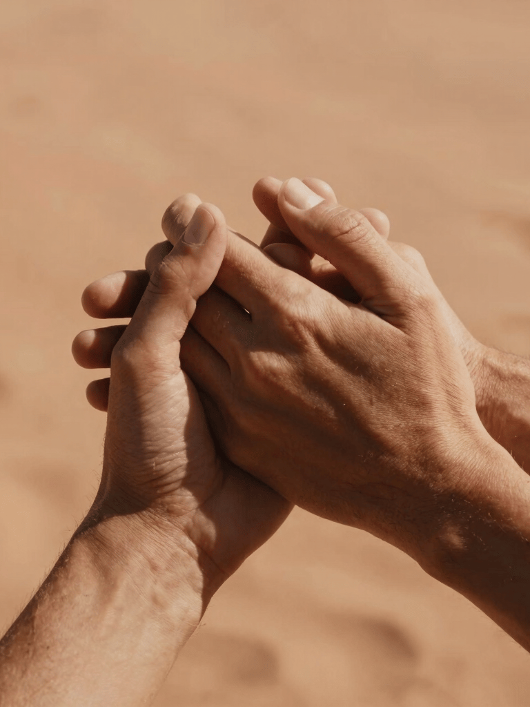 A warm, close-up photograph of two hands gently holding each other. Soft, warm sunlight filtering through, sandy textured backdrop, rich terracotta tones, intimate cinematic feel, Spain / Southern Europe.