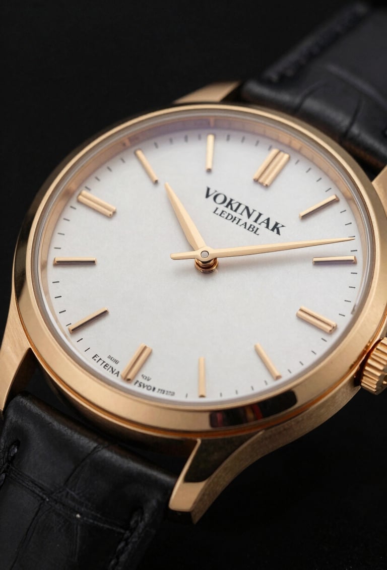 Close-up photography of a luxury watch with elegant gold details, reflecting soft studio light. Modern Turkish / Istanbul boutique style setting with a deep black background.