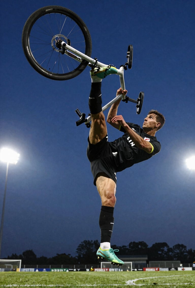 Dynamic action shot of a soccer player performing a bicycle kick. Captured at peak height against a dark blue evening sky. Professional stadium lighting creates white highlights, Western / International setting, high-speed photography.