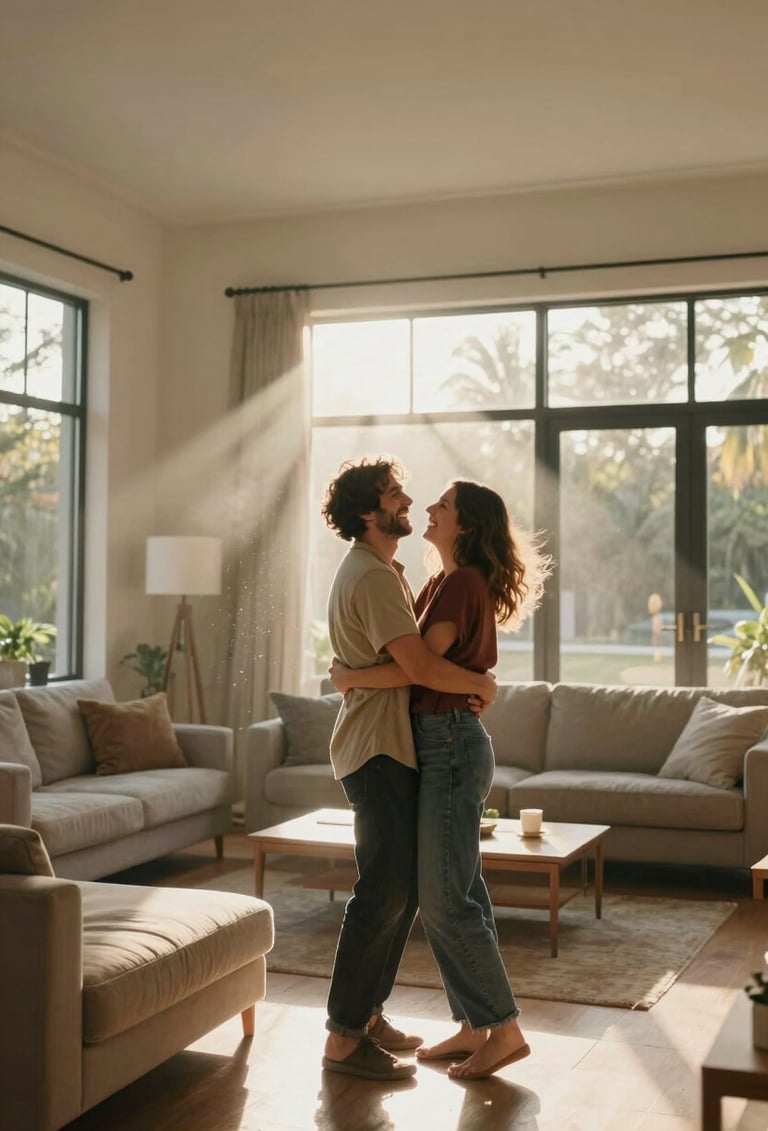 A cinematic, wide-angle shot of a couple embracing in a warm, sun-filled living room of a modern North American home. Sunbeams stream through the window, catching dust motes and creating a hazy, golden atmosphere. The couple is laughing authentically, dressed in casual, earthy-toned attire.