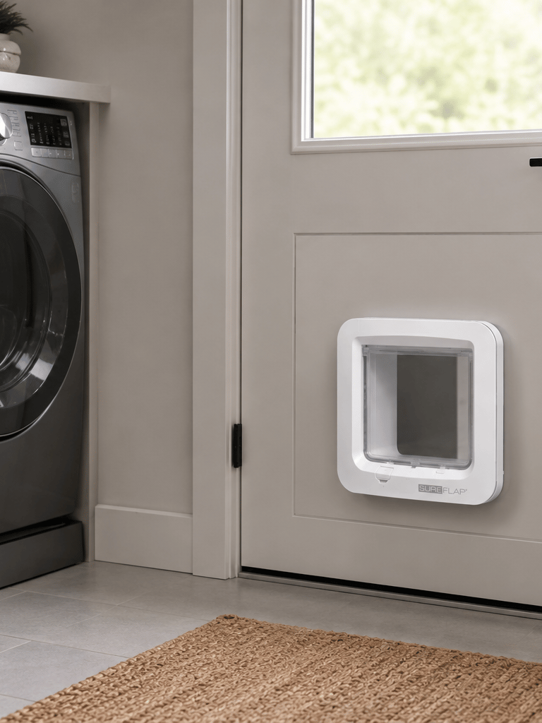 Modern laundry room with a microchip pet door installed in a white interior door beside front-loadin