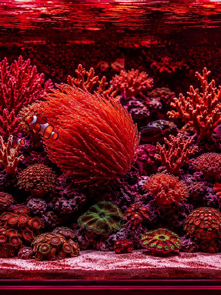 A vibrant saltwater reef tank with red lighting, clownfish, sea anemones, and various hard corals.