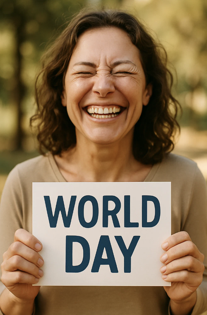 Femme joyeuse avec un panneau "World day" pour la journée mondiale du bonheur