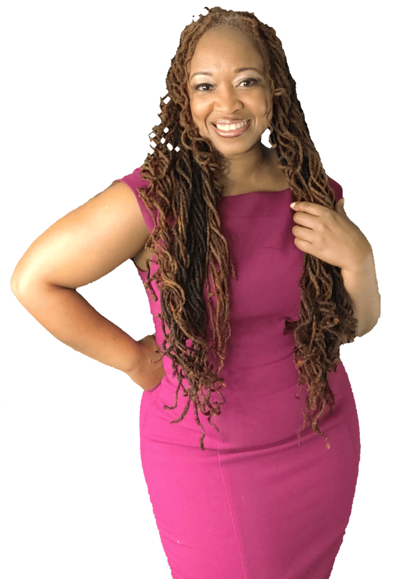 Shenell is pictured smiling in a plum colored career dress