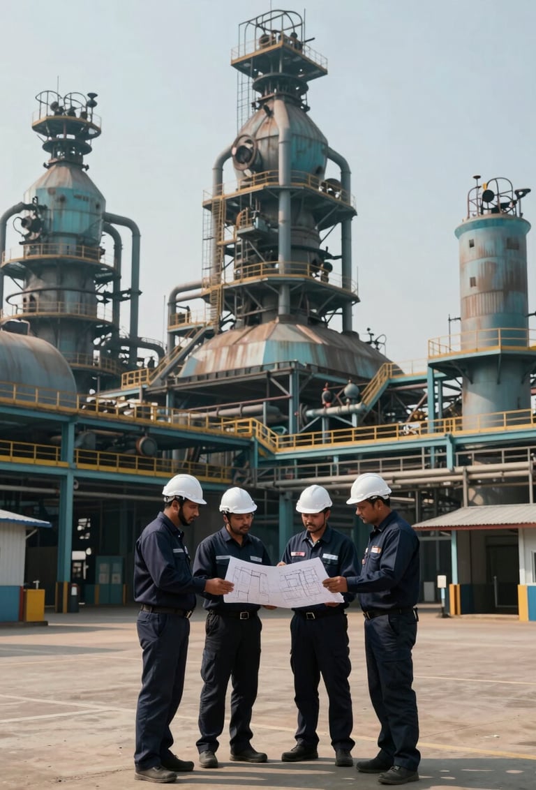 A wide-angle photography shot of a massive industrial steel plant in a South Asian / Indian industrial hub. Professional engineers in Dark Midnight Navy uniforms are discussing technical plans. The scene is illuminated by natural bright daylight, emphasizing Muted Ocean Teal and Deep Slate Blue colors.