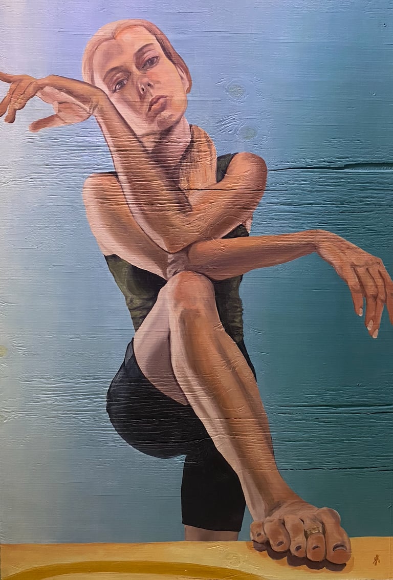 a painting of a woman with one foot resting on a table