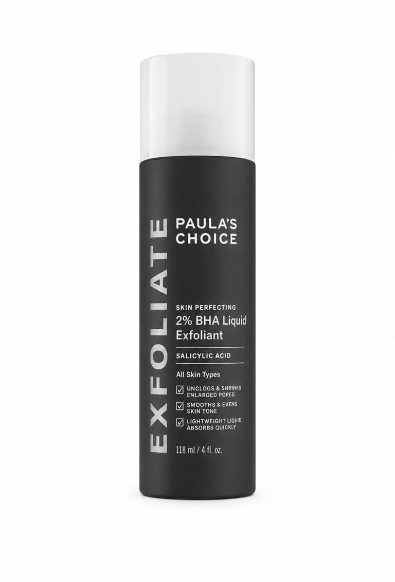 Paula’s Choice 2% BHA Liquid Exfoliant bottle isolated on a clean white background.