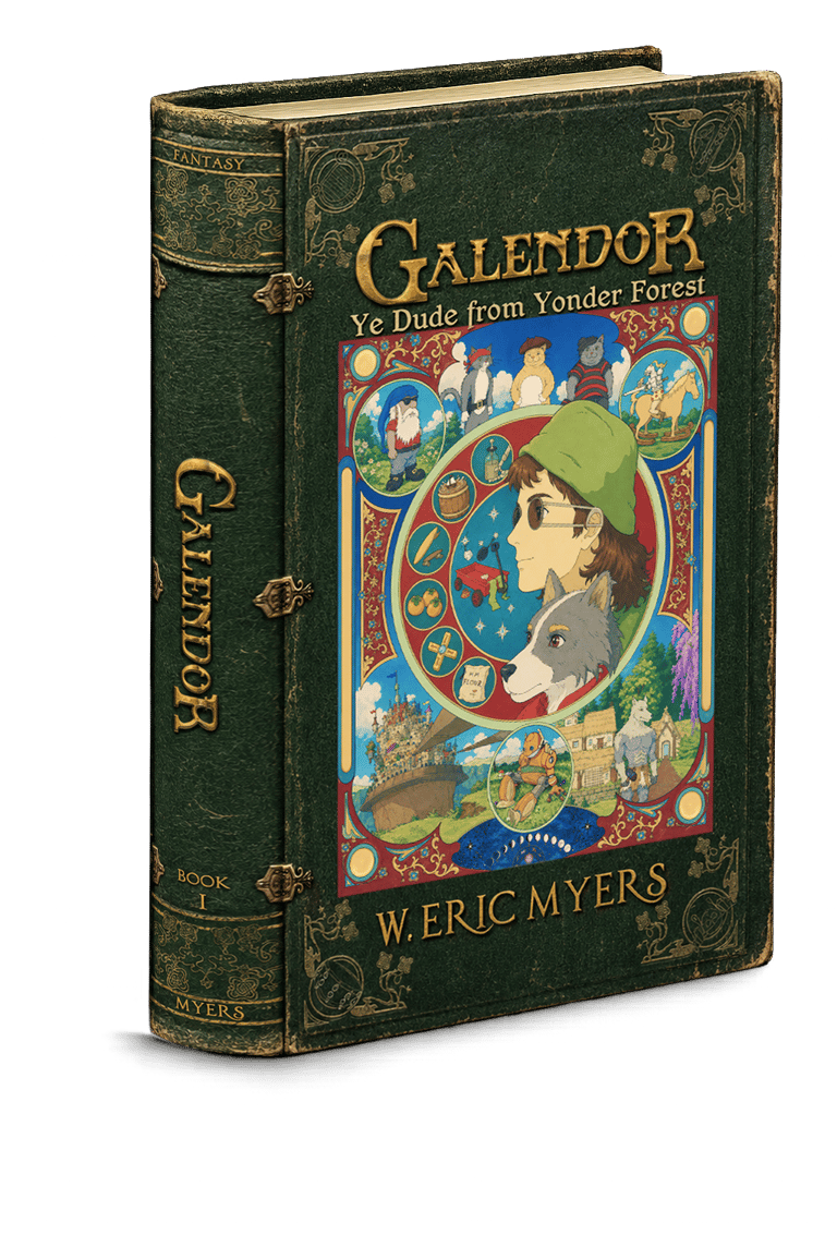 Antique green leather book cover for Galendor: Ye Dude from Yonder Forest. Art Nouveau style.