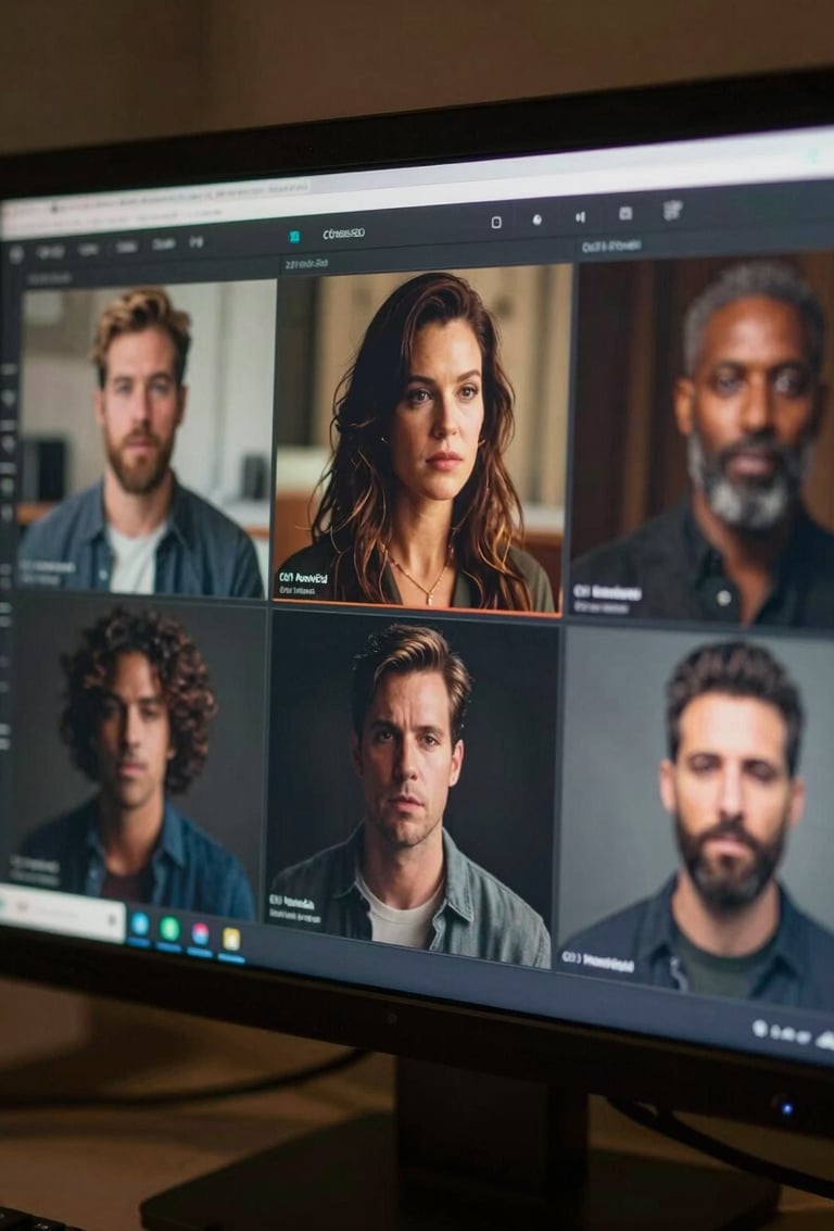 Close-up of a digital production monitor showing a diverse actor, professional set lighting, cinematic feel, warm tones, with subtle studio equipment in the background including #0B1E22 accents.