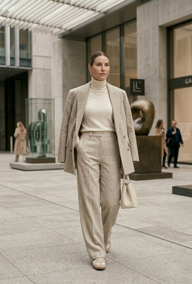 Woman with slicked-back bun, glowing skin, and minimalist luxury styling in a quiet luxury fashion a