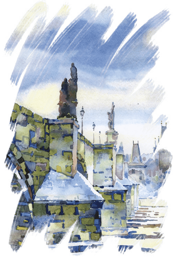 mystische Aquarell Zeichnung von Karls Brücke in Prag auf der Webseite über mystisches Prag