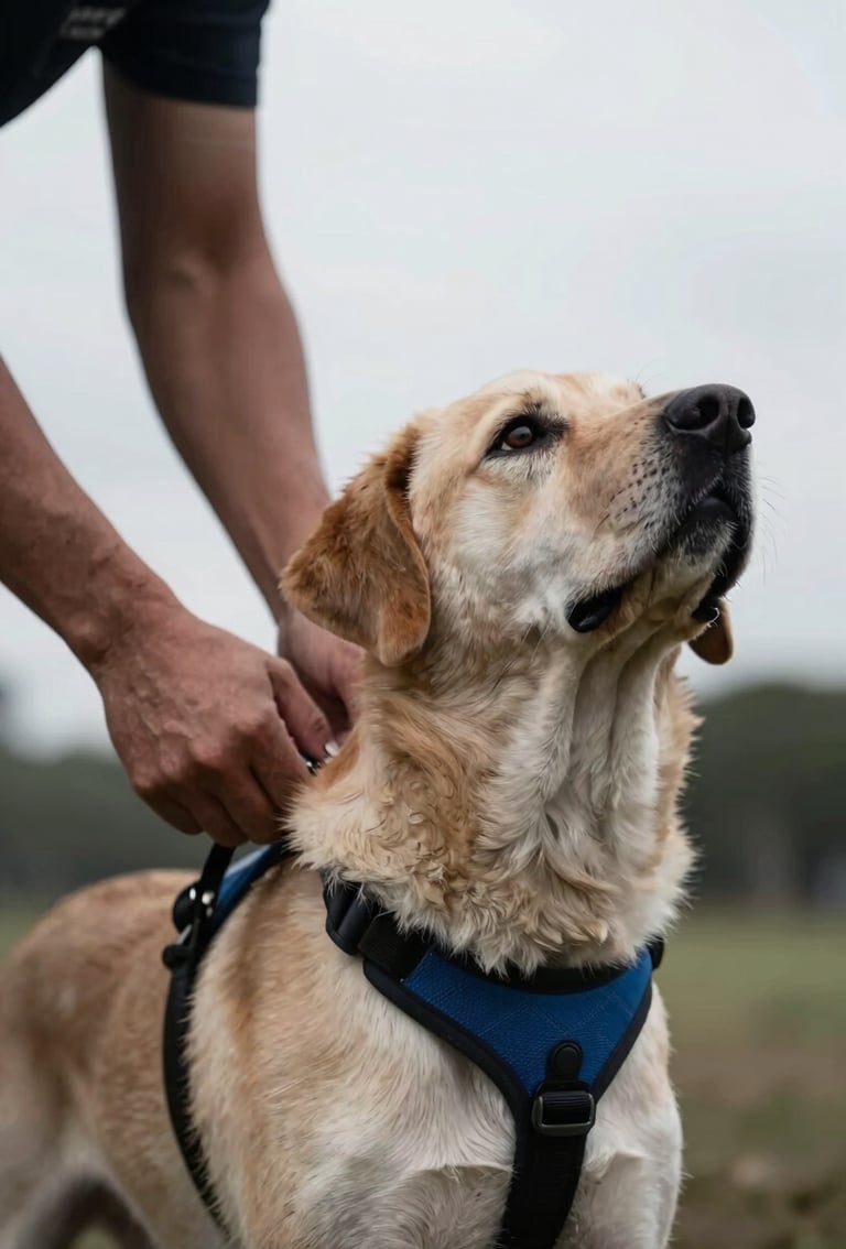Close-up of a handler's hands adjusting a service dog's harness, dog looking up attentively, natural overcast daylight, high contrast, desaturated tones with blue accents, sharp focus, 35mm lens.