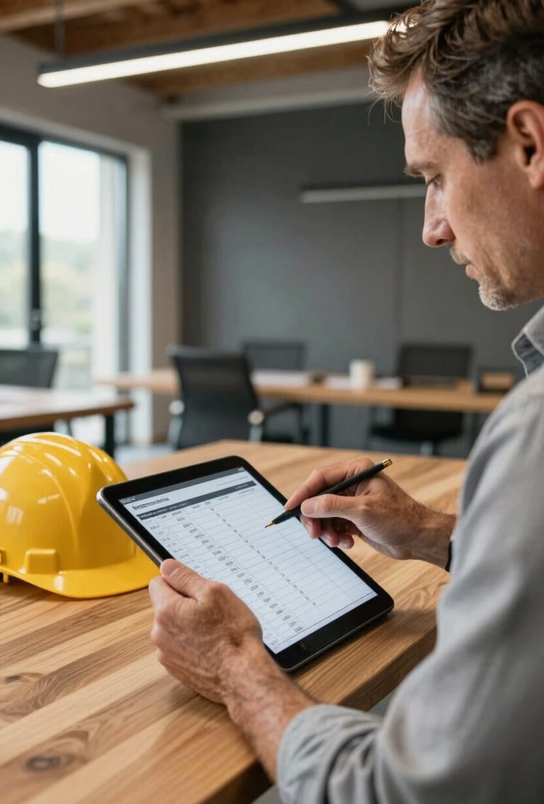 Medium close-up of a seasoned construction advisor, mid-40s, reviewing a detailed project schedule on a tablet in a modern, well-lit office, a hard hat resting on a nearby desk, natural daylight, industrial slate and warm wood tones, sharp focus, architectural framing, 35mm.