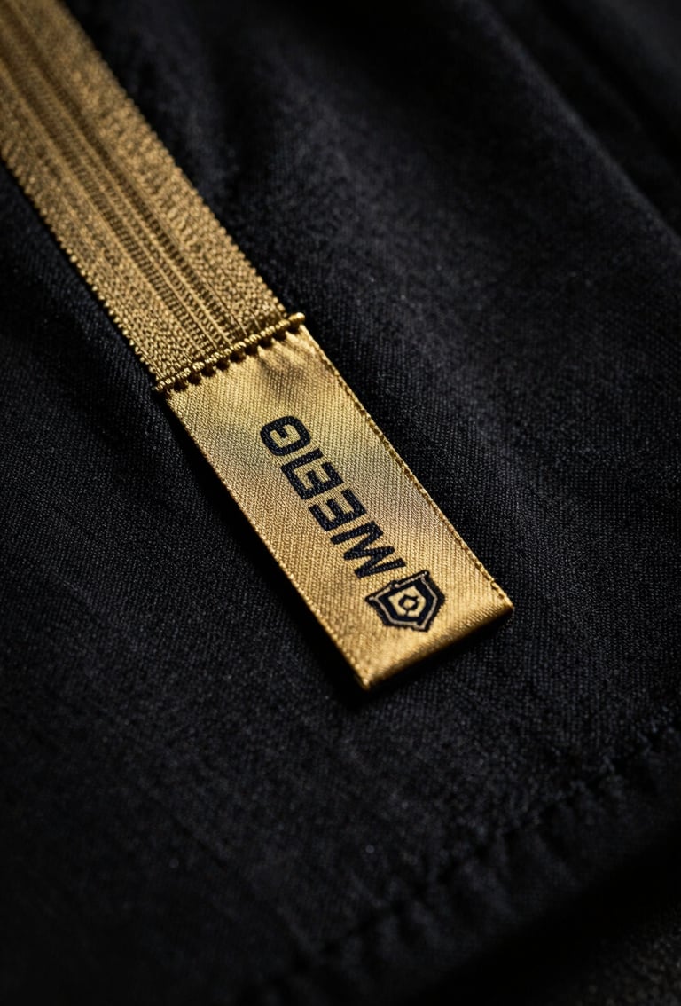 Macro fotografia de um tecido de camisola de futebol oficial, mostrando costuras intrincadas e uma pequena etiqueta de autenticidade, iluminação dramática de estúdio, tons profundos de preto e dourado, 35mm
