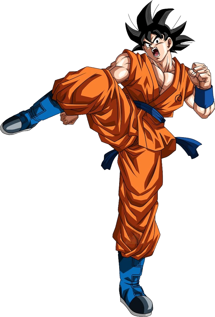 Goku from Dragon Ball Z performing a high kick in his iconic orange martial arts gi.