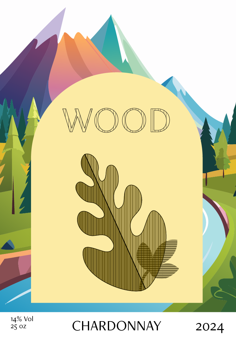 A wine bottle label with a colorful mountain scene, river and with a leaf design in the foreground
