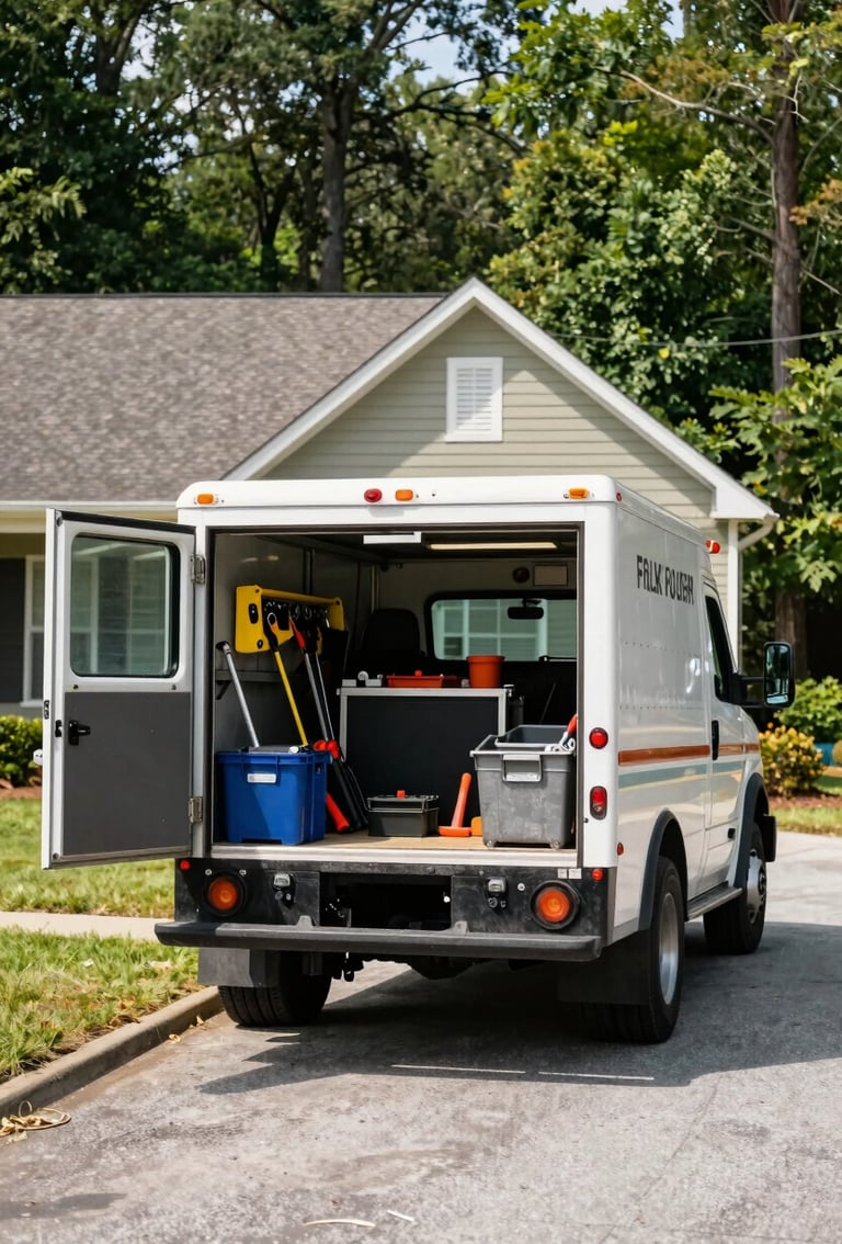 Fully stocked service truck parked clearly in front of a suburban home in Folkston, Georgia, bright natural daylight, tools visible, focused.