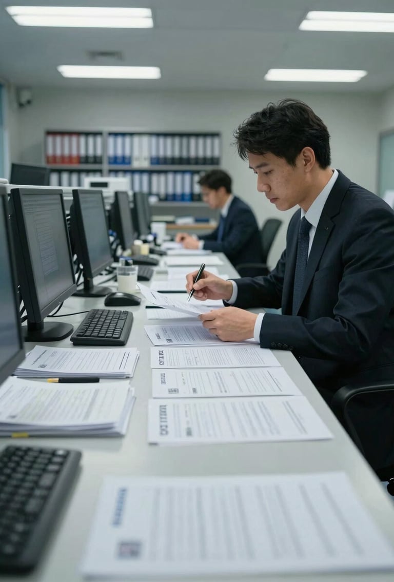 Wide shot inside a banking operations room at dawn, trade documents and letters of credit spread across a long desk, a finance professional in a dark suit reviewing stamped manifests under cool fluorescent light, shelves of binders visible in the background, institutional scale