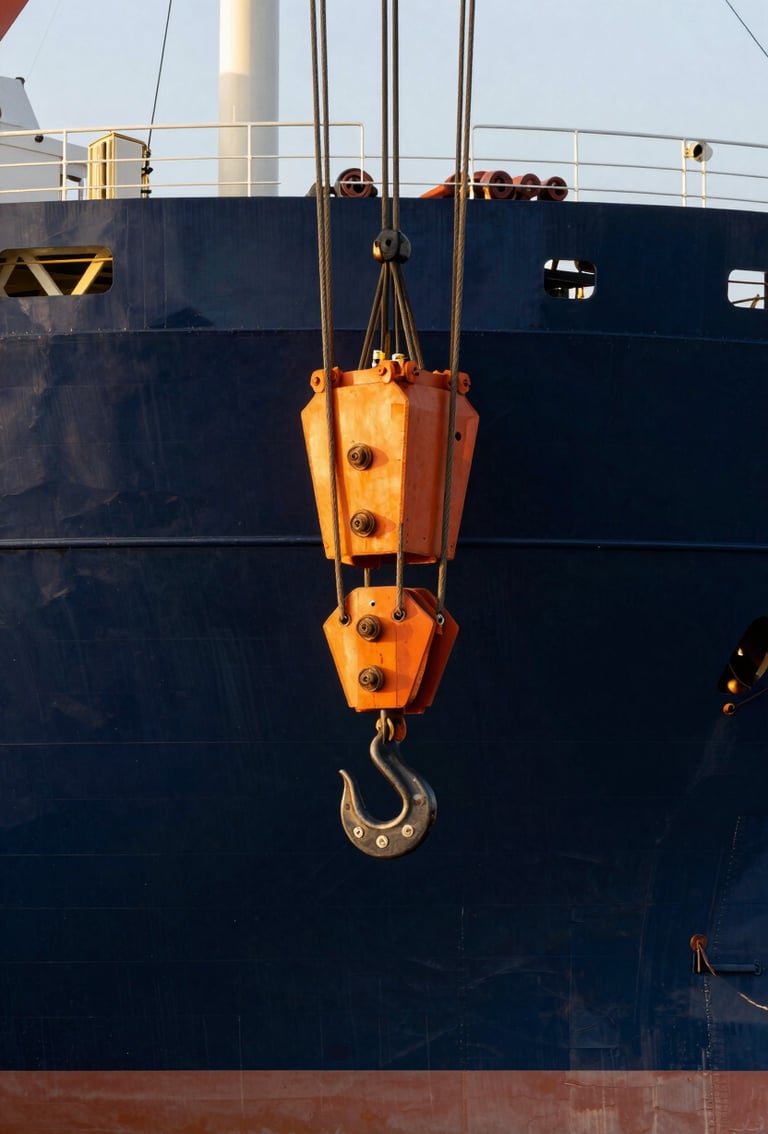 Close-up of industrial rigging on a heavy-lift vessel, massive steel cables and hooks securing cargo under crisp daylight, deep navy hull in background