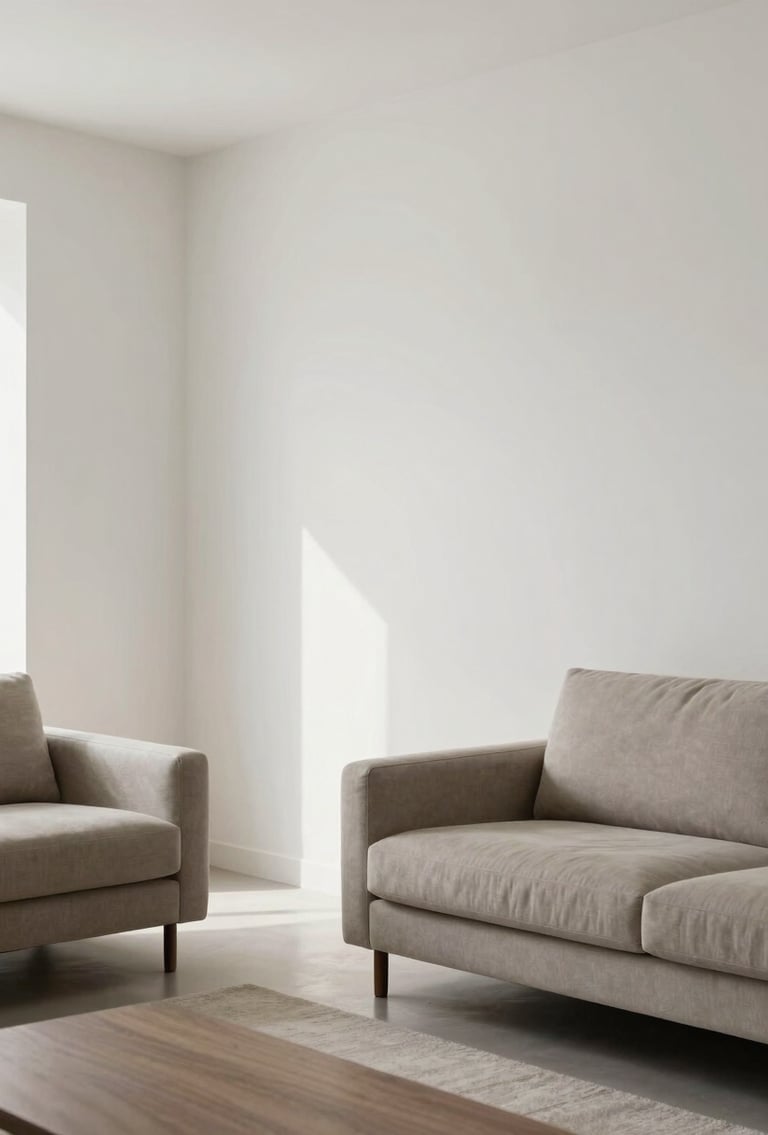 A high-end photography shot of a minimalist South Asian / Indian living room featuring flawlessly smooth white walls treated with VIHARSH putty, soft natural lighting in Soft Off-white and Taupe Grey tones.