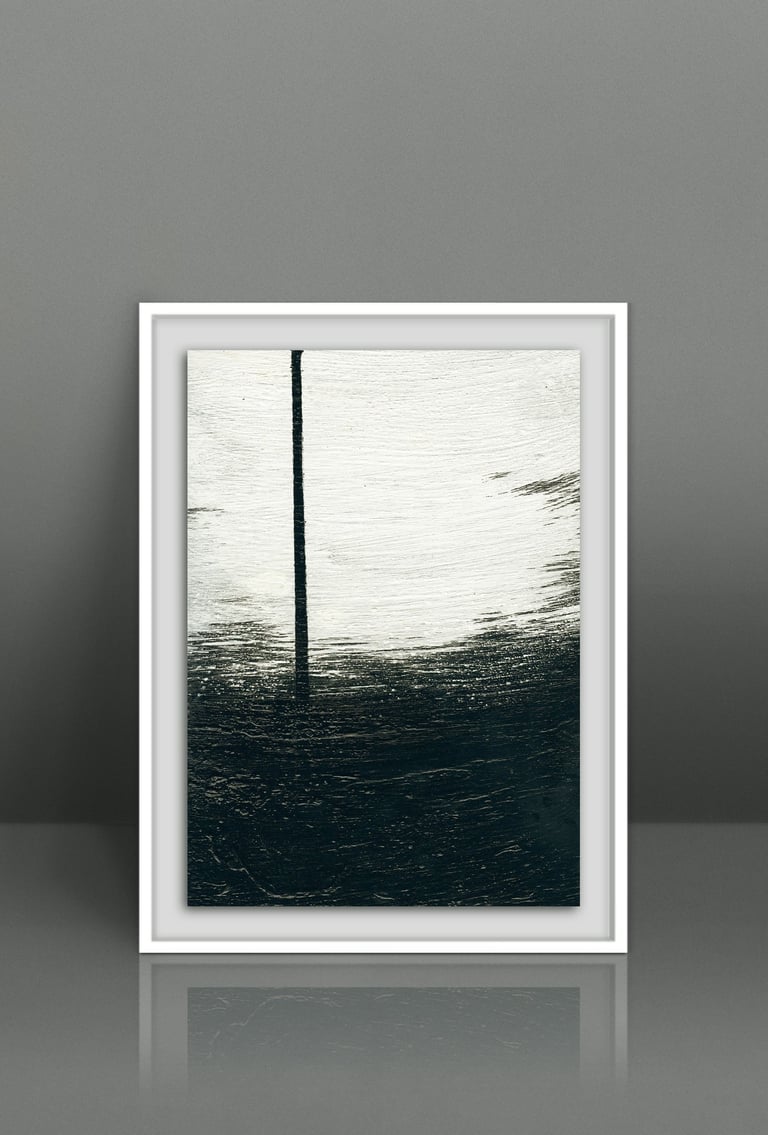 Framed minimalist black and white abstract painting featuring a vertical line on textured canvas.