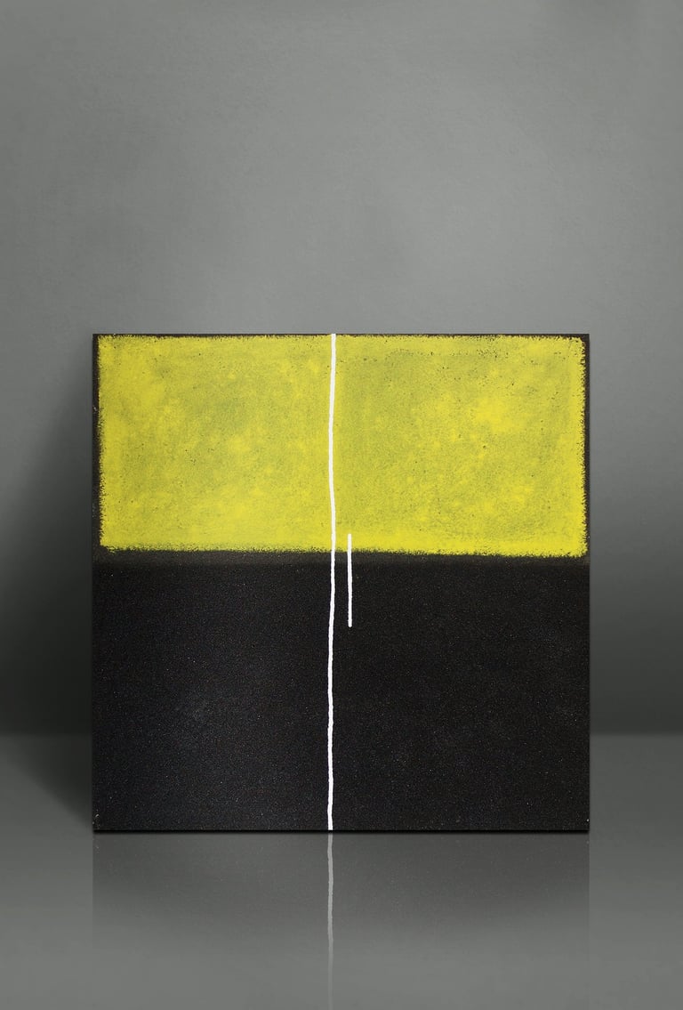 Minimalist abstract canvas painting featuring textured yellow and black blocks split by a thin white line.