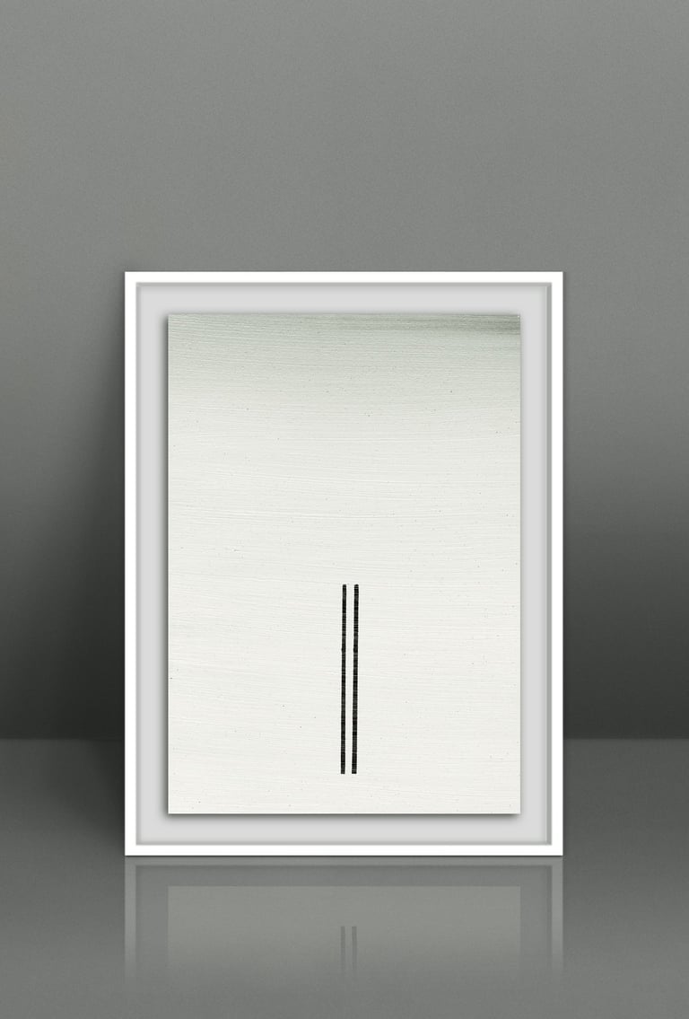 Minimalist abstract wall art in a white frame featuring two black vertical lines on textured paper.