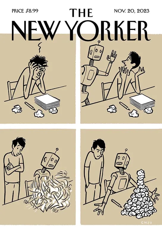 New Yorker cover from November 20, 2023, cartoon of robot helping a writer.