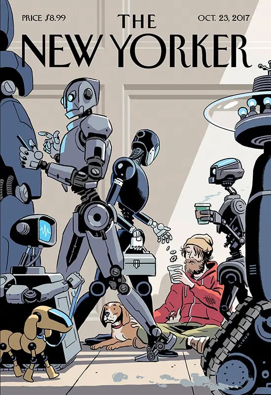 New Yorker cover, October 23, 2017, robots on way to work donating gears to homeless human.