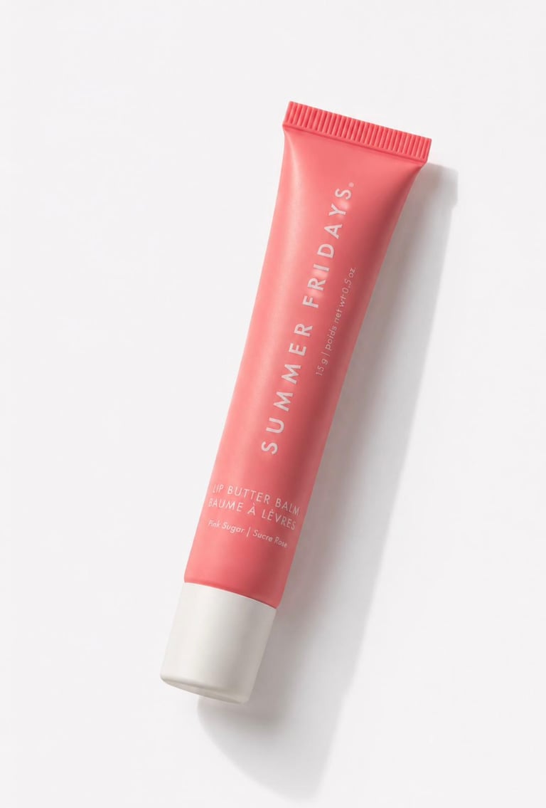 Summer Fridays Lip Butter Balm Pink Sugar tube isolated on a clean white background.
