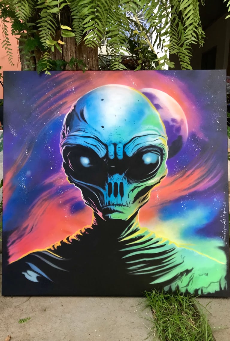 Ilustração intrigante de extraterrestres, refletindo o tema das obras expostas