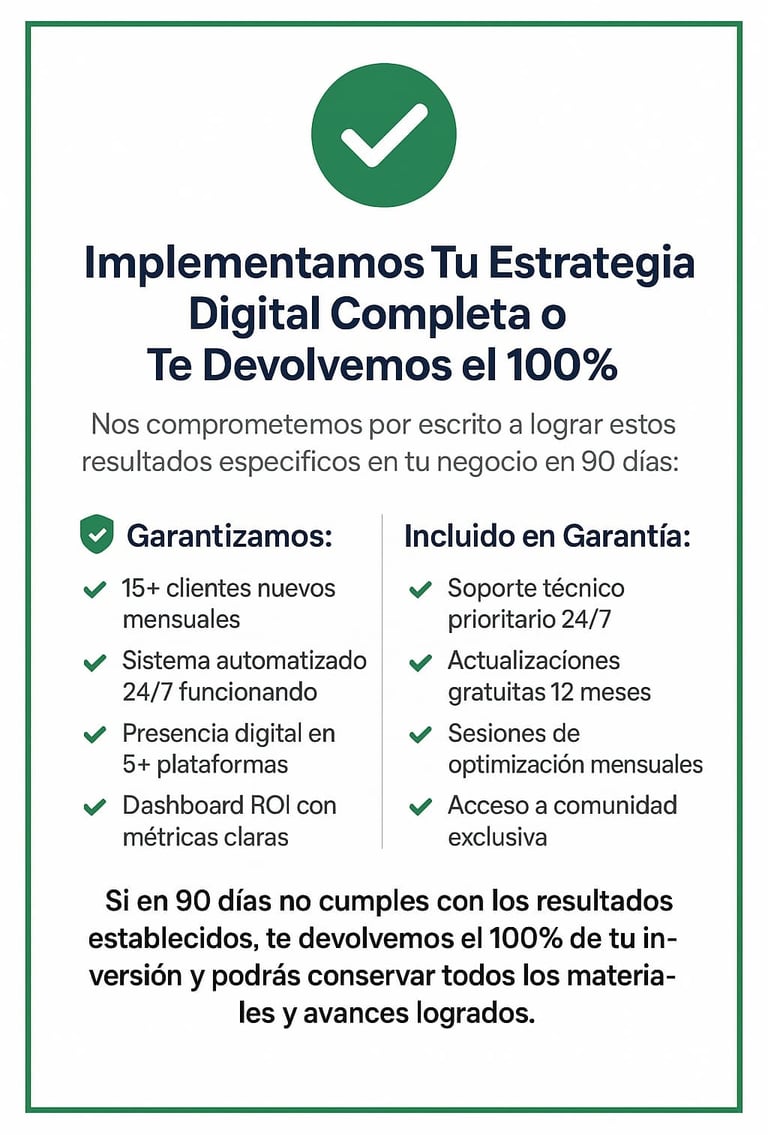 Sección informativa que muestra una garantía de estrategia digital completa, incluyendo beneficios como 15+ clientes nuevos m