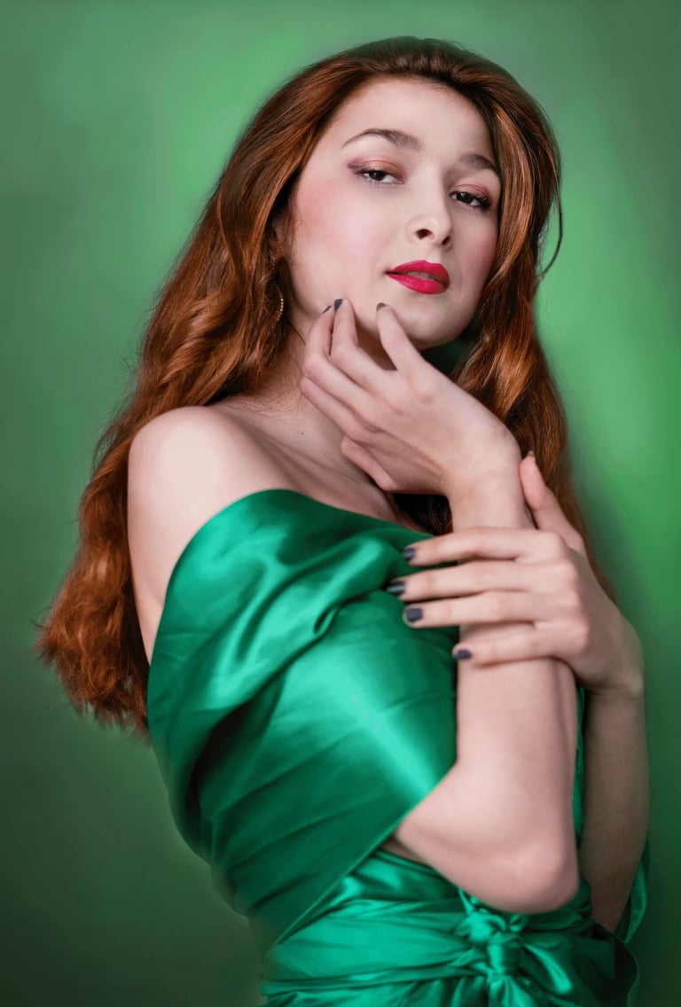 Painterly photo of a Turkish women with red hair and brown eyes in a green dress with a red lipstick