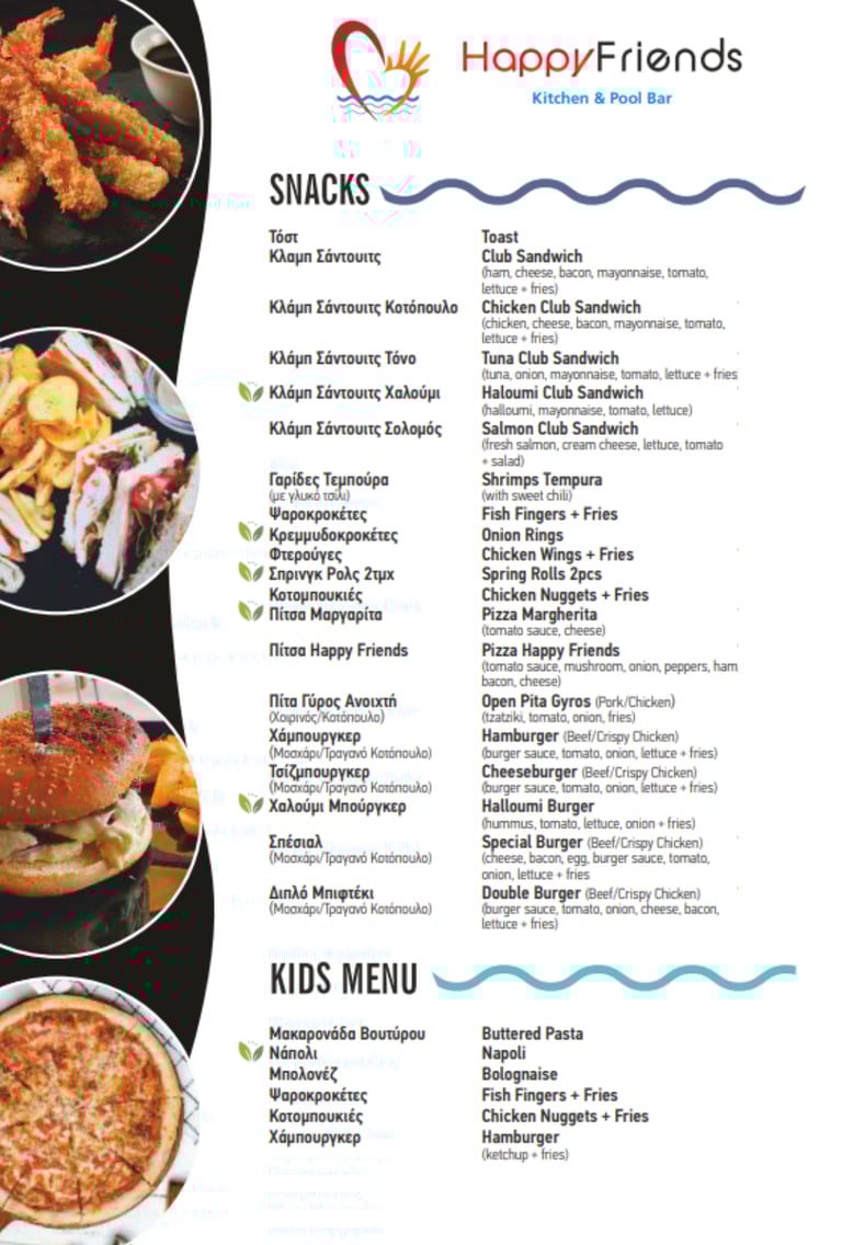 Menu for Happy Friends Kitchen and Pool Bar featuring snacks, burgers, club sandwiches, and a kids menu.