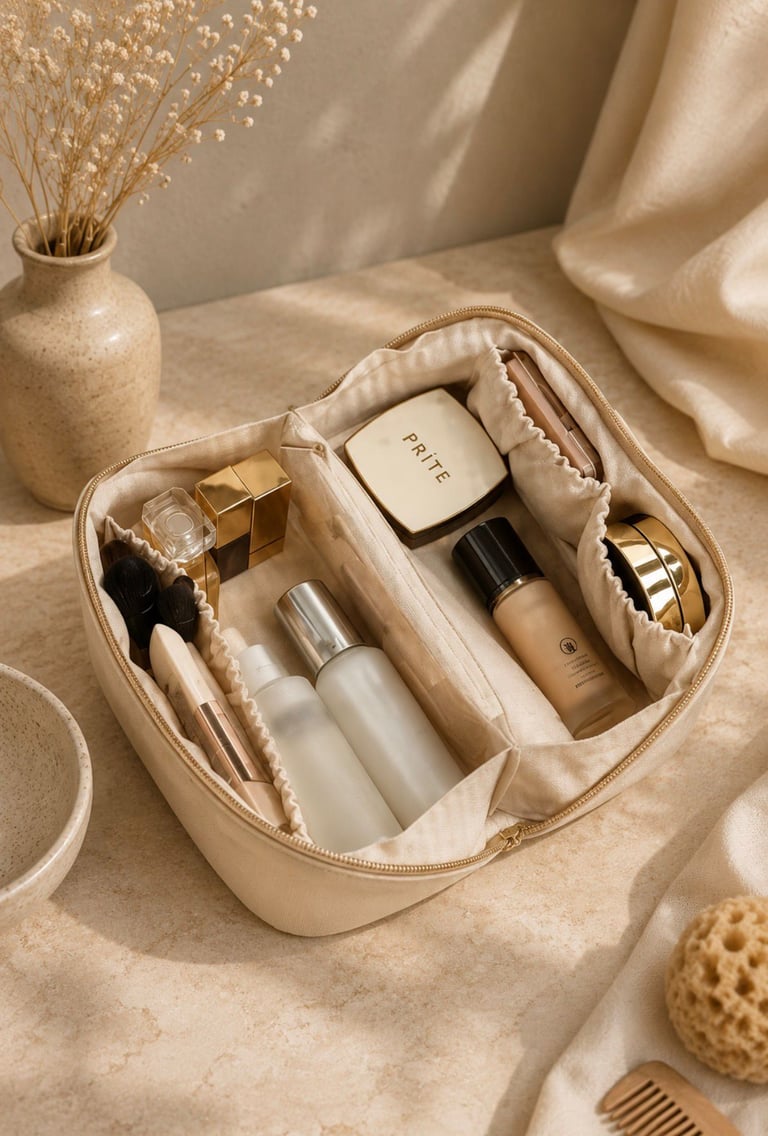Open beige cosmetic organizer with compartments filled with makeup
