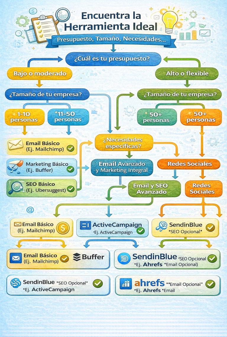 Diagrama de flujo para seleccionar las herramientas de marketing digital ideales según necesidades e