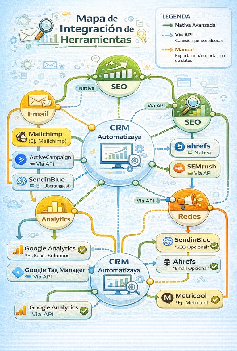 Mapa de integraciones y compatibilidad entre herramientas de marketing digital principales