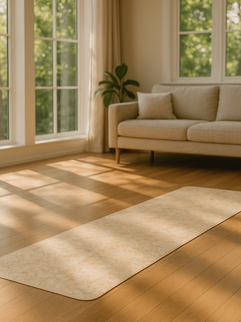 Pachamat™ Yoga Mat being displayed extended on a parquet floor in a brightfull living room
