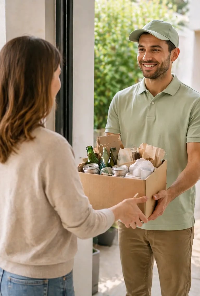 Persona consegna una scatola con materiali riciclabili come cartone, vetro e lattine a un operatore di ritiro