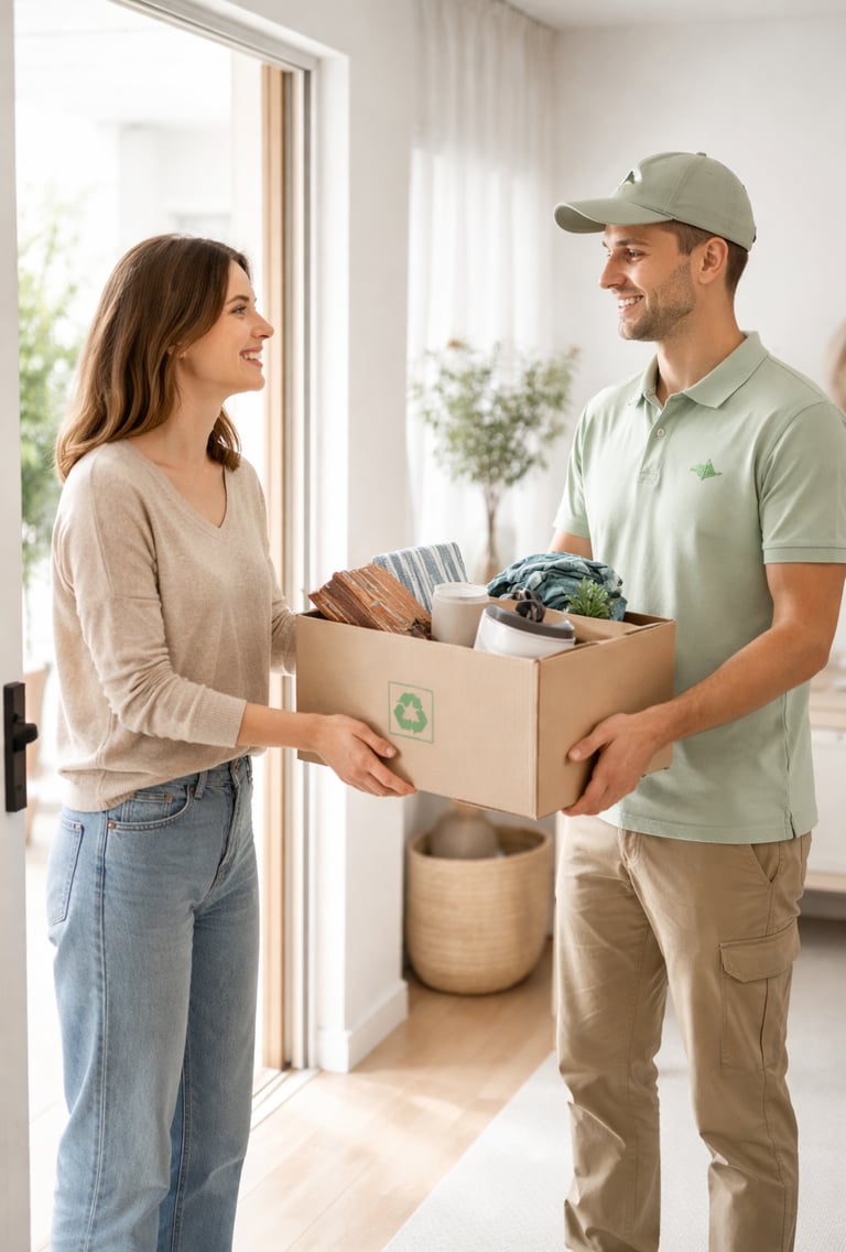 Persona consegna una scatola di oggetti da smaltire a un operatore di ritiro davanti alla porta di casa