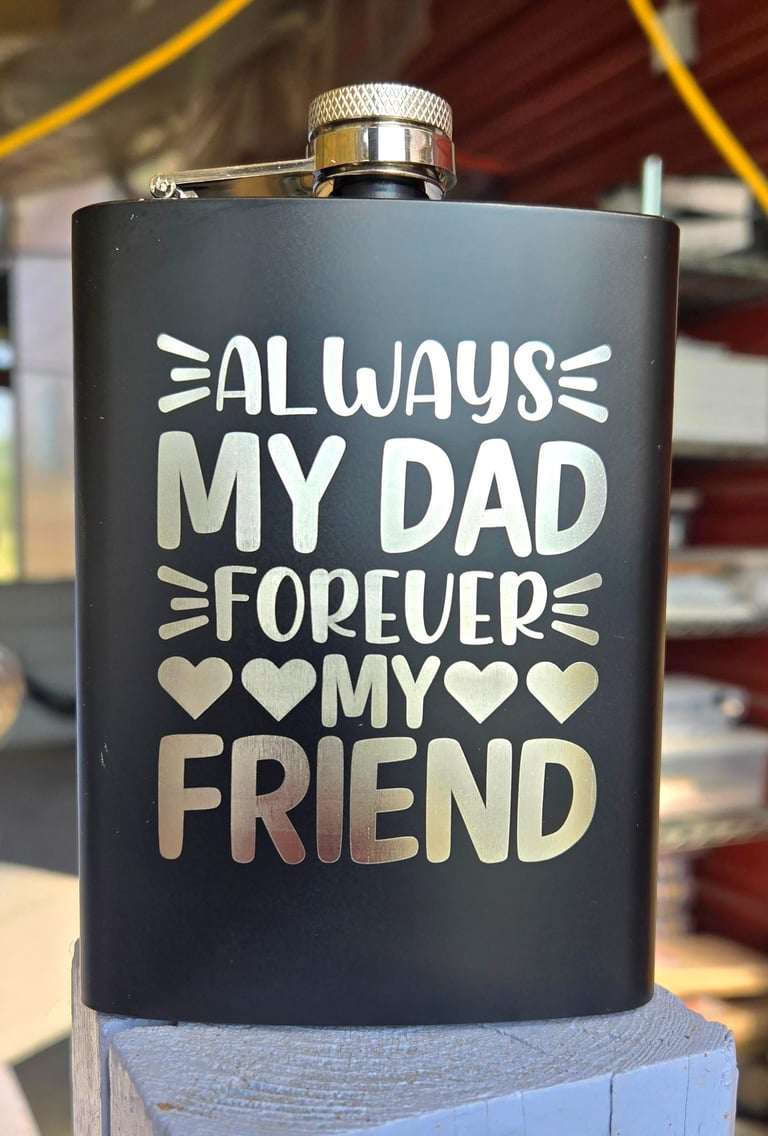 Engraved Black metal flask that is for a dad with a special saying