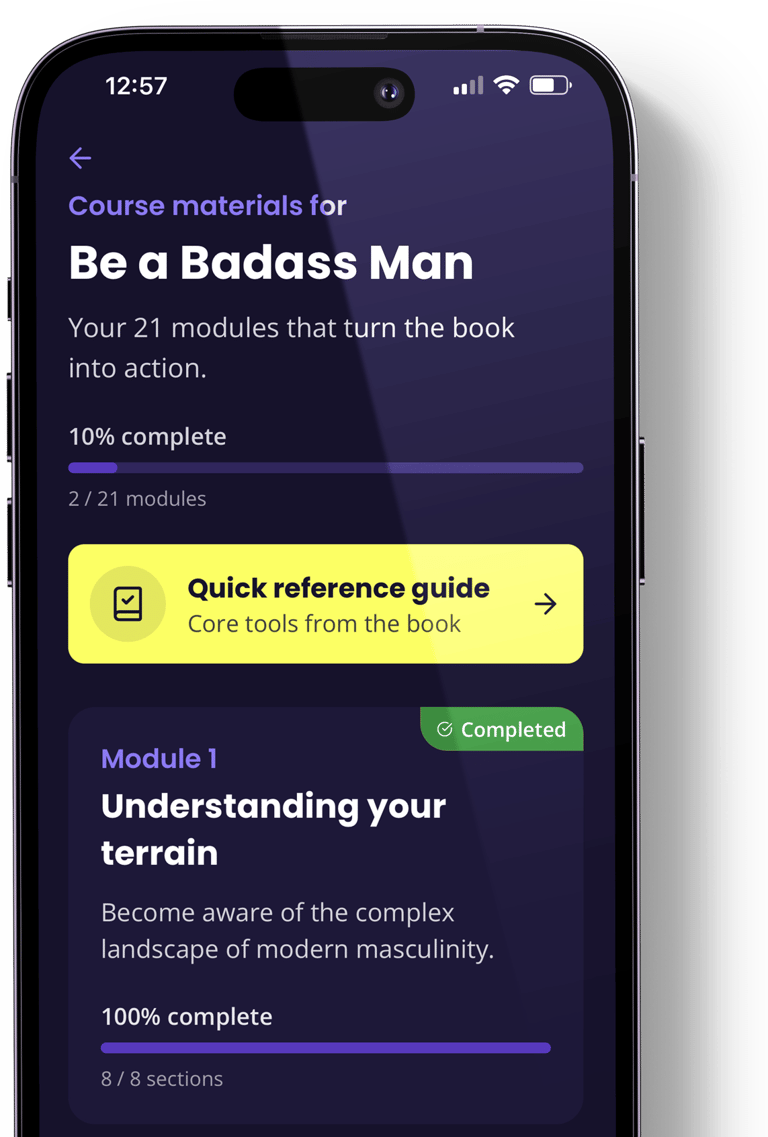 Badass Man Action App quick reference guide screen with learning modules
