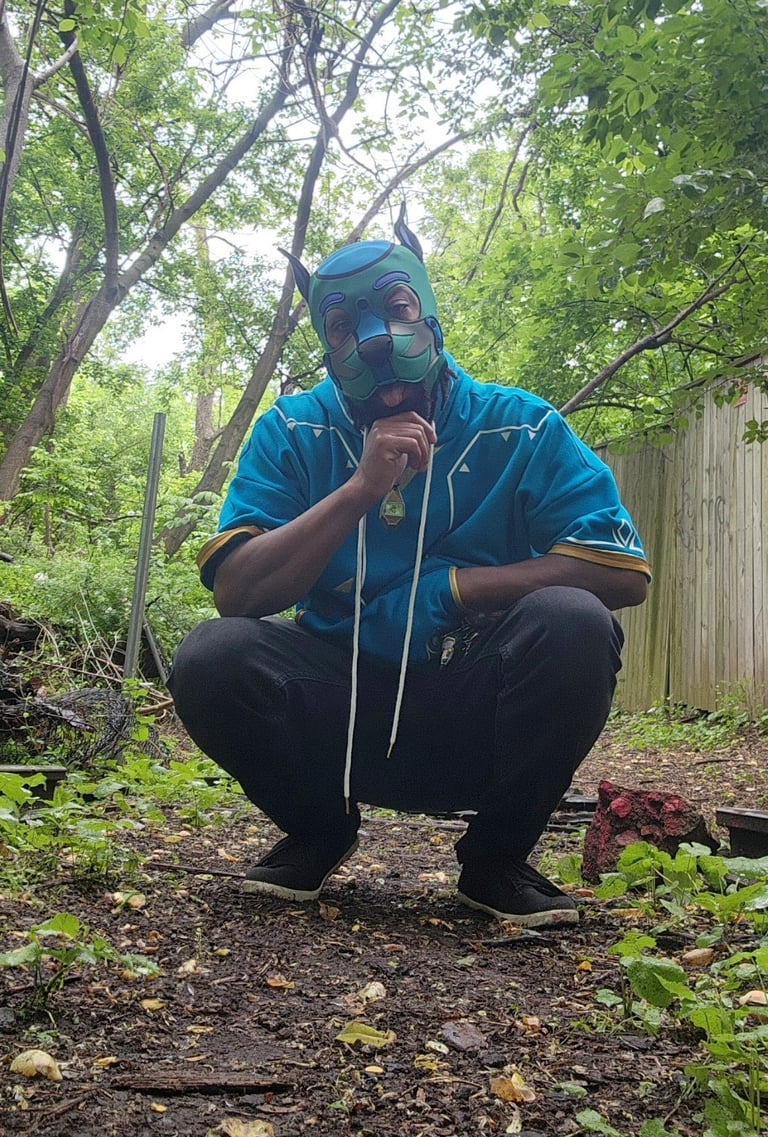 Man posing outdoors in his pup hood.