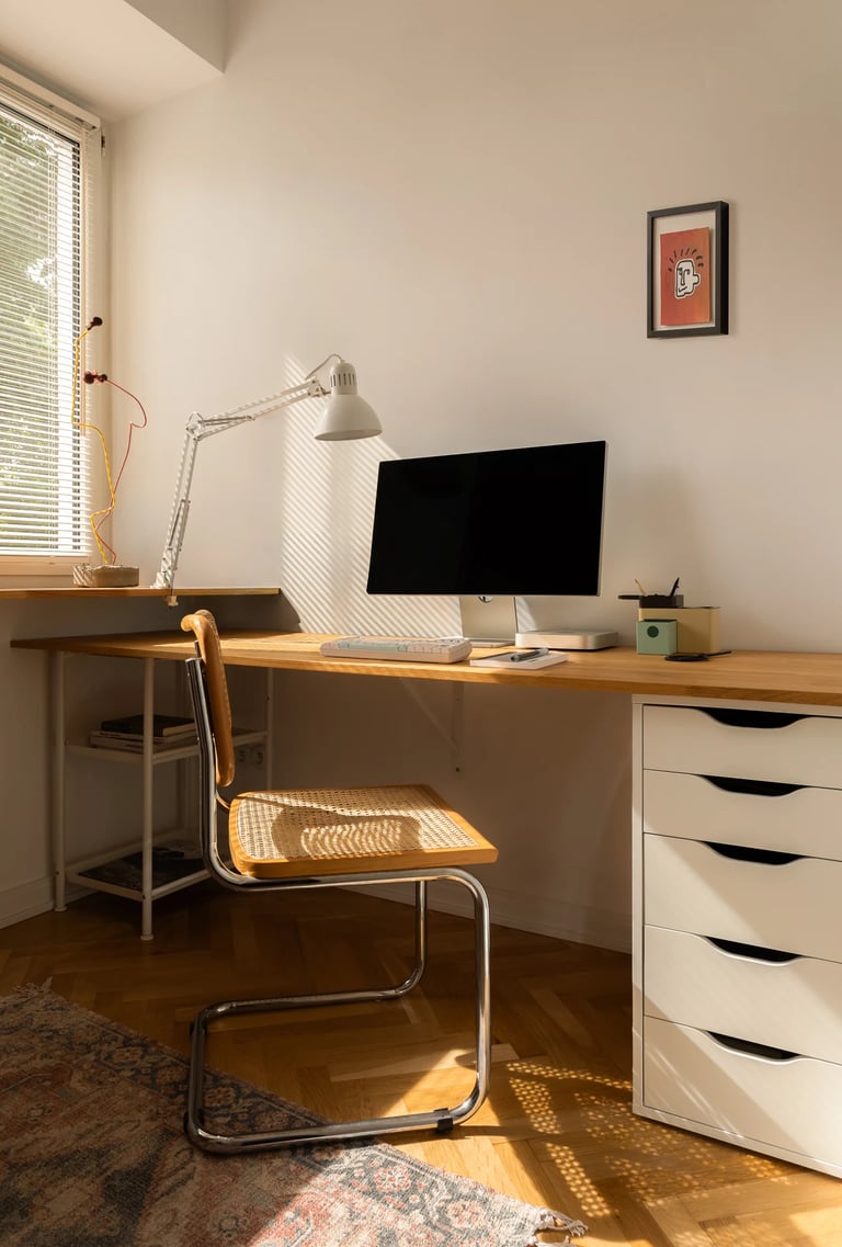 Fotografia wnętrz: aranżacja domowego biura w naturalnym świetle.