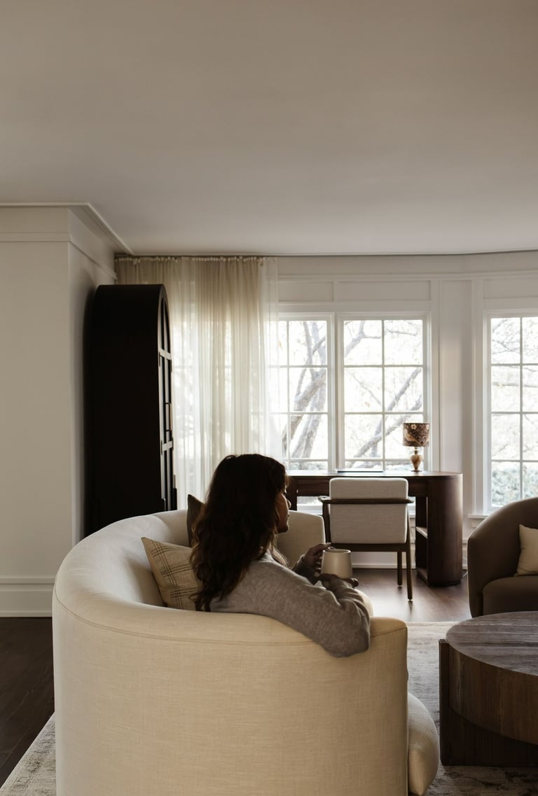 Bright narrow living room with floating sofa layout, sofa pulled away from wall, airy and inviting S