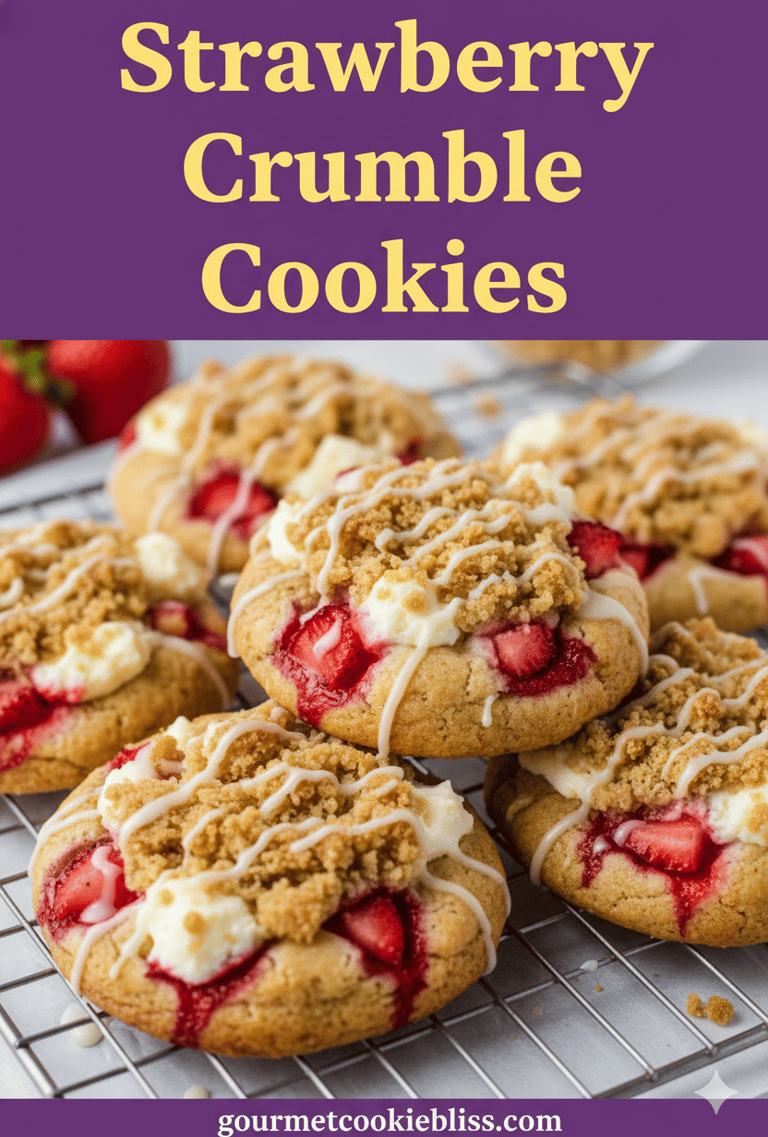 A close-up of several moist strawberry crumble cookies cooling on a wire rack, each generously toppe