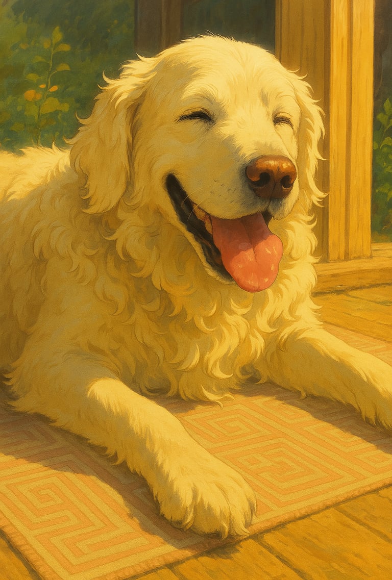 Happy dog in warm sun, Ghibli-style